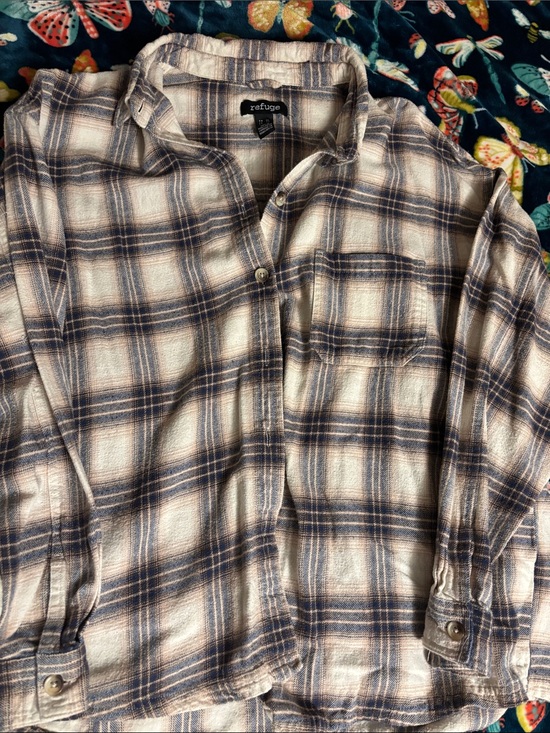 refuge Tops - refuge Plaid Button-Up Shirt in Cream and Blue